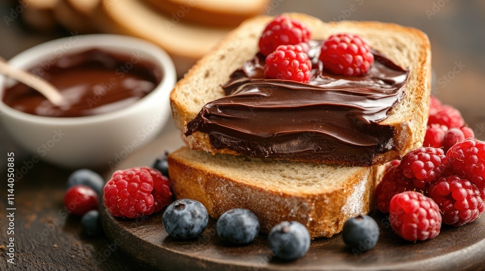 Poster freshly baked bread slices topped with rich chocolate spread and assorted berries for a delightful b