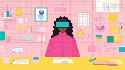 Woman Using VR Glasses in Educational Classroom Setting