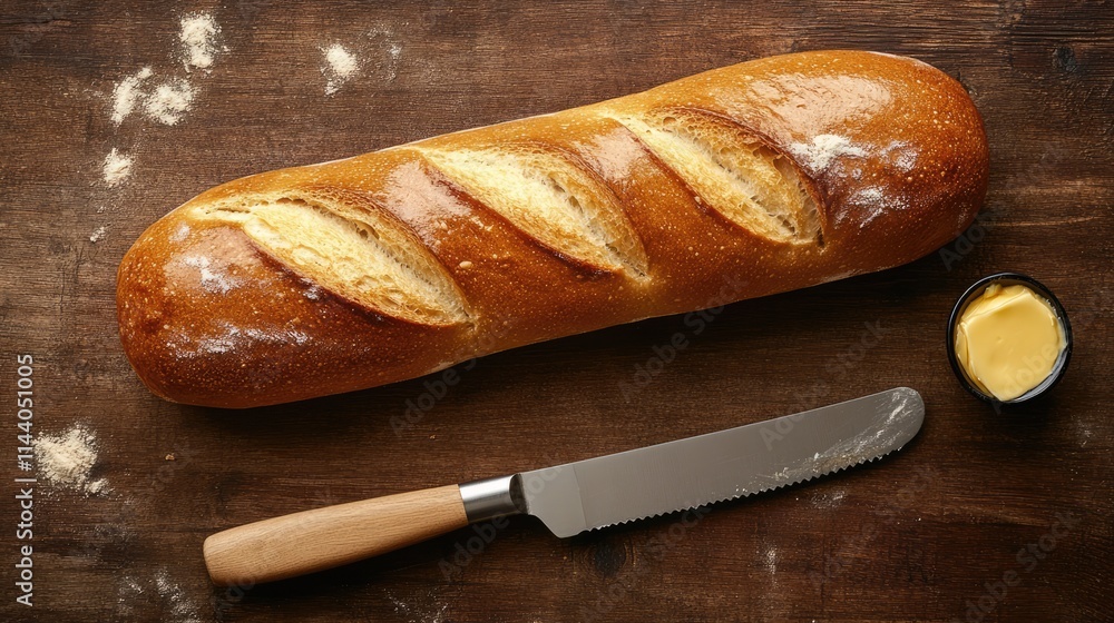Poster freshly baked bread with butter and a knife on rustic wooden table background showcasing a warm and 