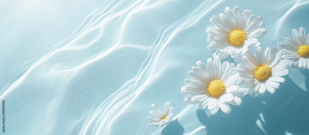 Poster daisy flowers floating on serene water with sunlight reflections creating a tranquil spring or summe