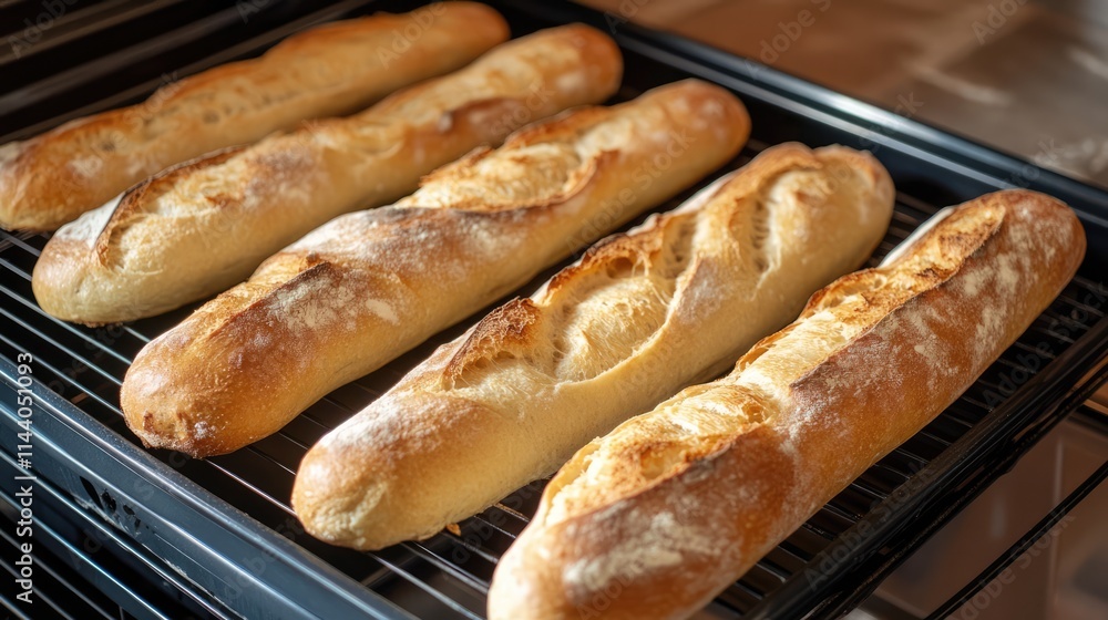 Aufkleber golden crusty baguettes baking in a professional oven creating a warm and inviting atmosphere for ar