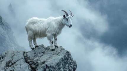 Fototapeta premium Mountain goat standing majestically on a rocky peak surrounded by dense fog and mist creating a serene and mystical atmosphere.