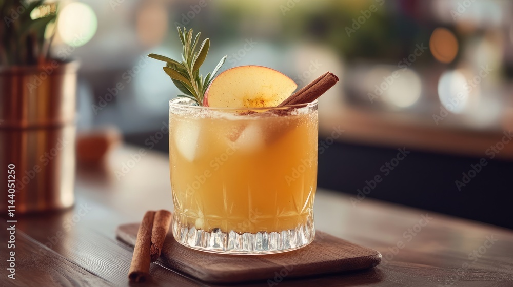 Poster refreshing apple juice cocktail garnished with cinnamon stick and apple slice on a wooden board in a