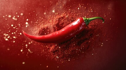 Vibrant red chili pepper surrounded by aromatic chili powder on a striking red background showcasing culinary intensity and flavor richness