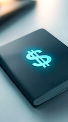 A sleek black notebook with a glowing dollar sign, symbolizing finance and money management.