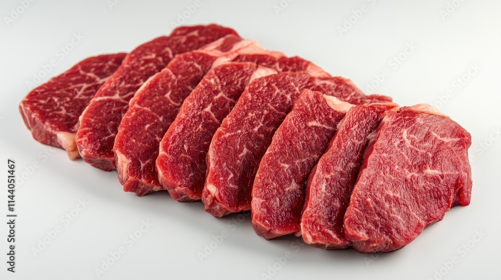 Poster Sliced fresh beef steak arranged neatly showcasing marbled texture on a clean background suitable for culinary displays and advertisements