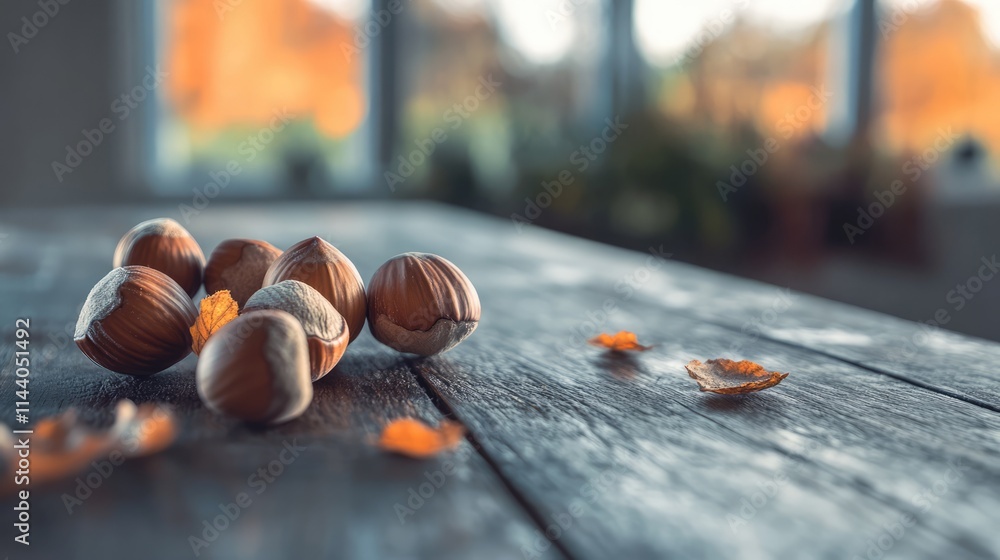 Poster freshly harvested brown hazelnuts scattered on rustic wooden table with soft background bokeh showca