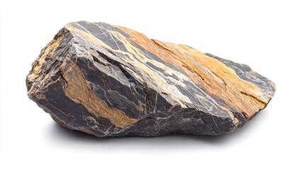 Gneiss metamorphic rock specimen with distinct bands and textures against a clean white background showcasing geological features.