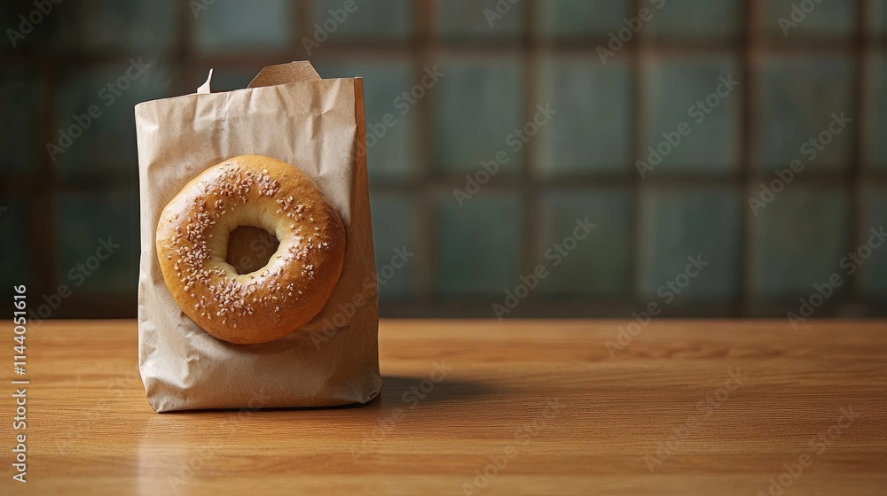 Poster Freshly baked bagel in a paper bag resting on a wooden table with a blurred background showcasing a warm and inviting atmosphere.