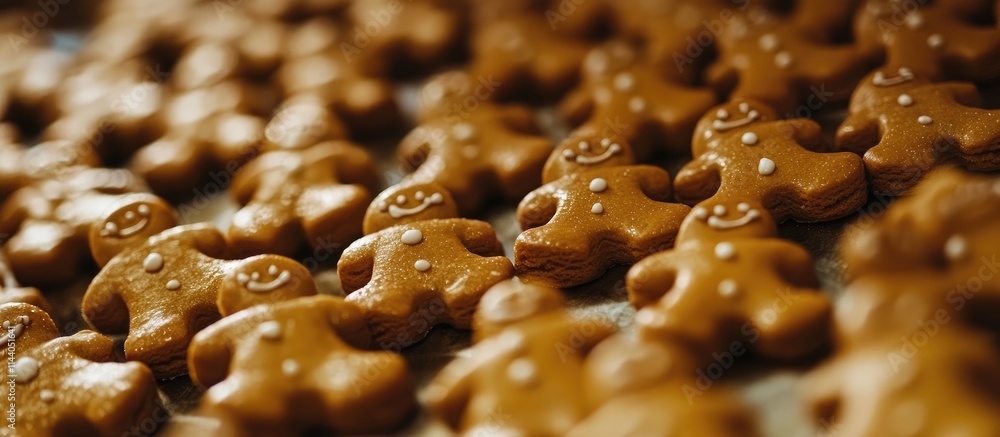 Poster homemade gingerbread men cookies arranged in a row with a blurred background creating a festive and 