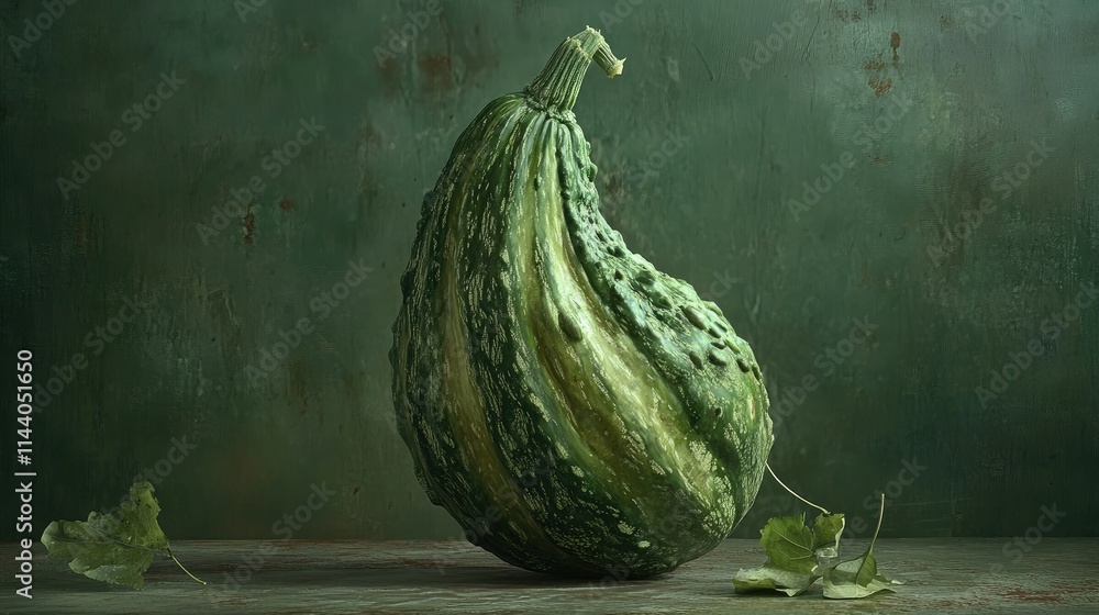 Aufkleber ripe and textured bitter gourd on rustic table surrounded by leaves and a dark green background high