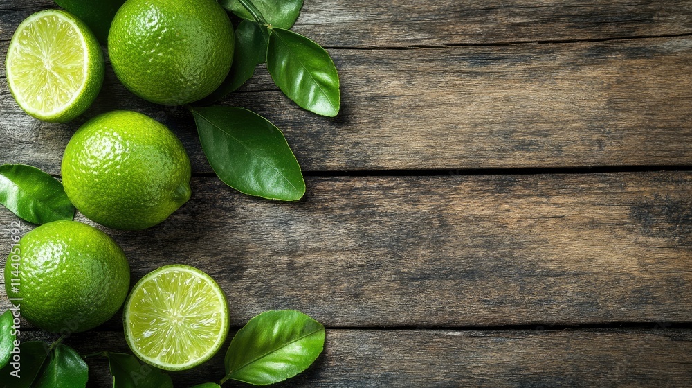 Poster Fresh green bergamot and lime slices arranged on a rustic wooden table with leaves and ample copy space for creative designs and layouts