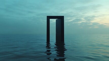Dark door standing calmly in calm water under a dreamy sky 3D render. AI Generated