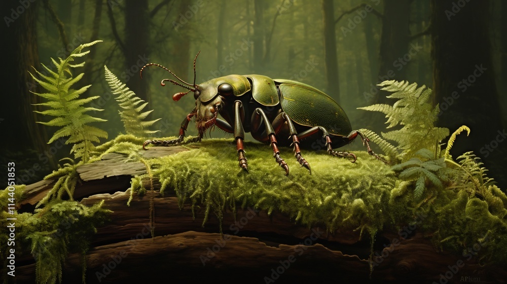 Poster close up of a stag beetle with its large distinctive mandibles prominently displayed as it rests on 