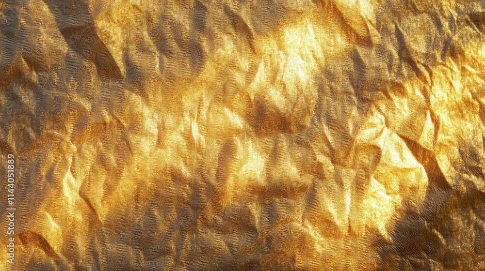 Poster textured gold fabric background with creases and shadows creating a luxurious and elegant appearance