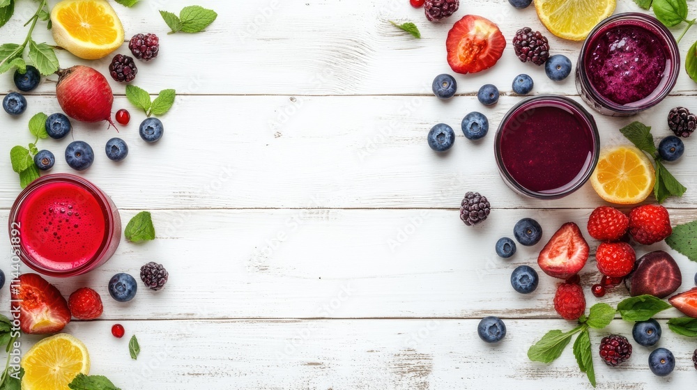 Aufkleber vibrant collection of fresh juices with berries and citrus on rustic wooden background