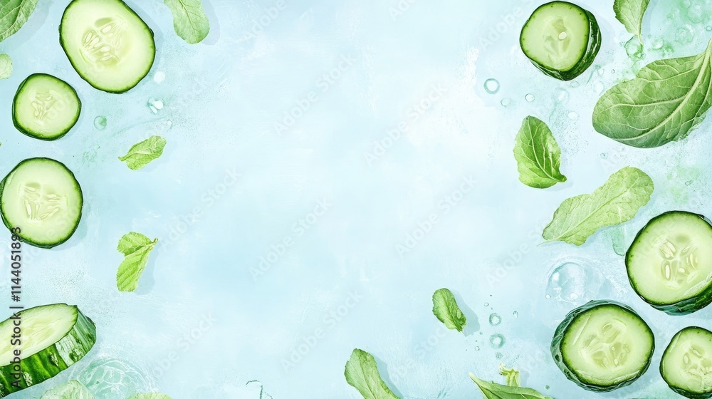 Poster sliced cucumbers surrounded by fresh mint leaves on a light blue background creating a refreshing an