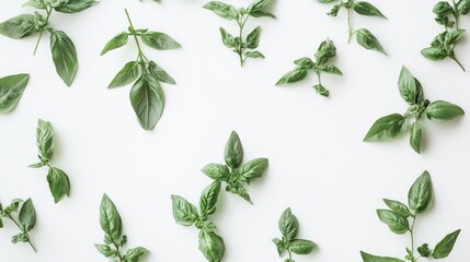 Basil leaves arranged artistically on a white surface showcasing freshness and culinary possibilities for food and wellness themes