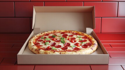 Blank Pizza Box Mockup on Countertop with Realistic Shadows - 3D Illustration for Branding and Design Placement