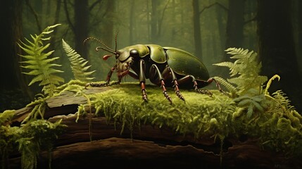 Close up of a stag beetle with its large distinctive mandibles prominently displayed as it rests on a mossy log in a lush natural forest setting