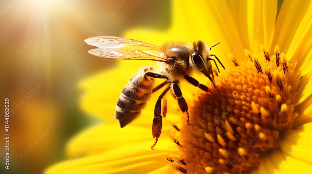 Poster a close up view of a honeybee collecting nectar from the bright yellow petals of a sunflower with vi