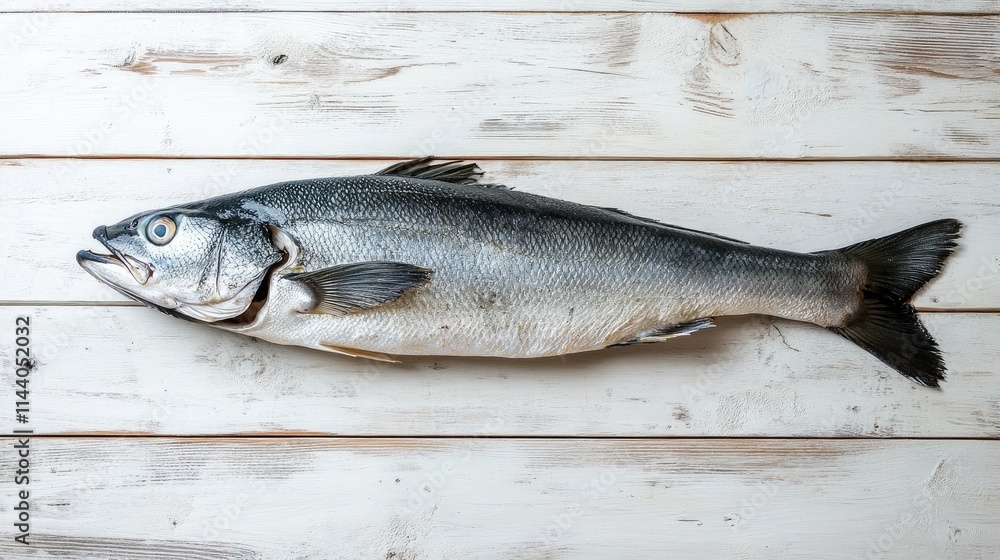 Poster freshly caught sea bass displayed on a rustic wooden surface ready for preparation and cooking recip