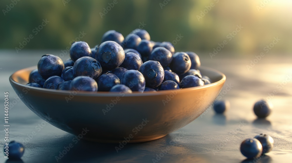 Poster freshly harvested blueberries in a rustic bowl on a table with soft sunlight highlighting their vibr