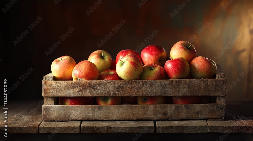Poster freshly harvested red apples arranged in a rustic wooden crate on a weathered table with warm backgr