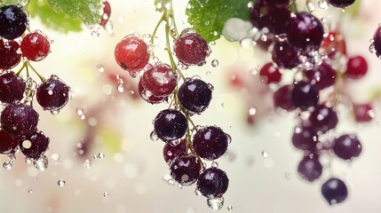 Freshly harvested black and red currants with sparkling water droplets on a branch, showcasing their vibrant colors and freshness.