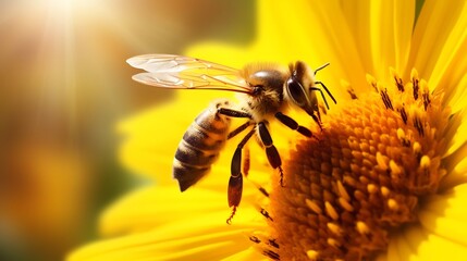 A close up view of a honeybee collecting nectar from the bright yellow petals of a sunflower with visible pollen on its legs as it performs the vital role of pollination within the natural ecosystem