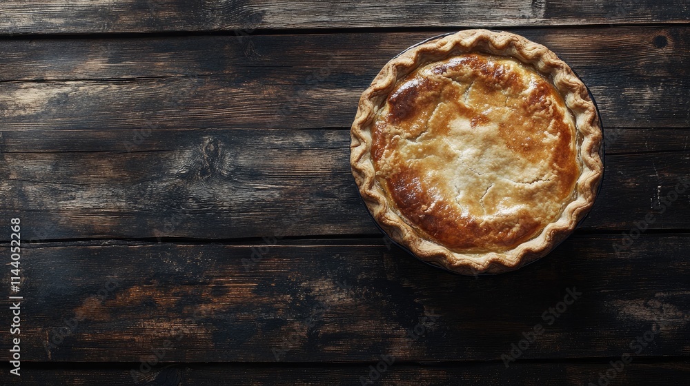 Poster freshly baked apple pie on rustic dark wooden surface with golden crust and inviting aroma ready to 