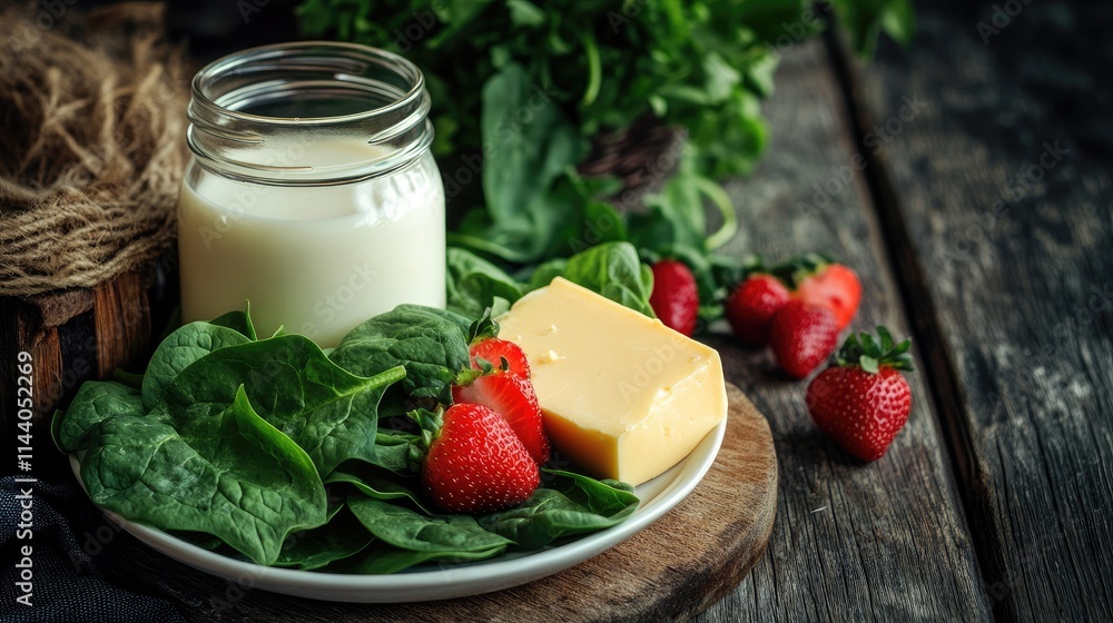 Aufkleber vibrant vegan salad featuring fresh spinach cheese and strawberries with a glass jar of milk on a ru