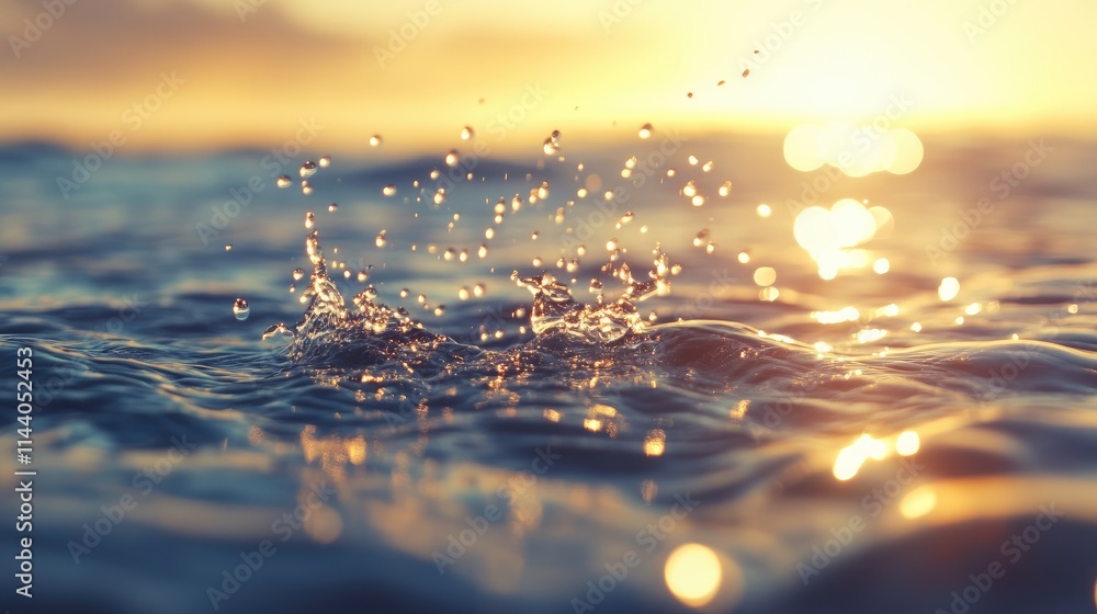 Poster Serene water droplets creating ripples on a calm surface with a warm sunset glow in the background