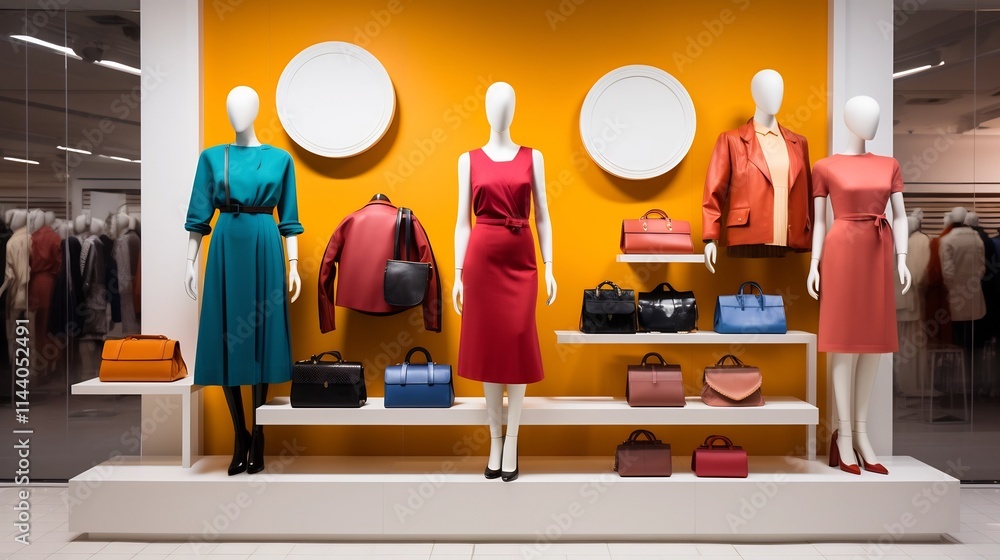 Poster sleek and modern retail display with a minimalist theme showcasing an arrangement of colorful fashio