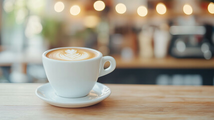 Obraz premium Close-up of hot latte coffee in the cafe with a blurred background. 