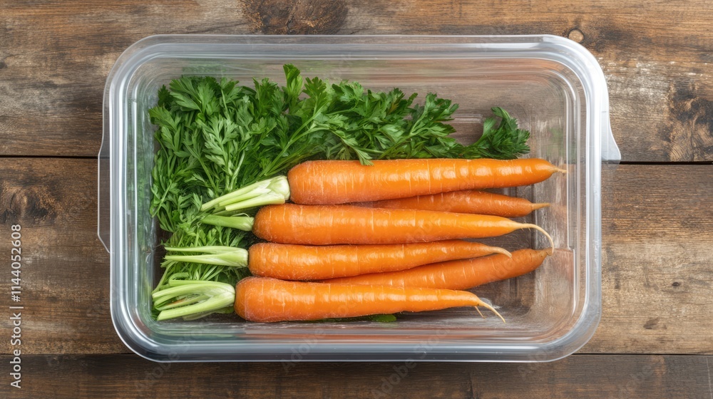 Poster Freshly harvested carrots with green tops displayed in a transparent container on a rustic wooden surface top view