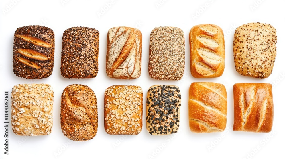 Poster assorted healthy cereal breads topped with seeds showcasing nutrition and flavor in a visually appea