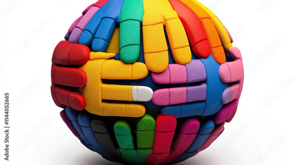 Poster a colorful ball with many hands on it. the hands are of different colors and sizes. the ball is a sy