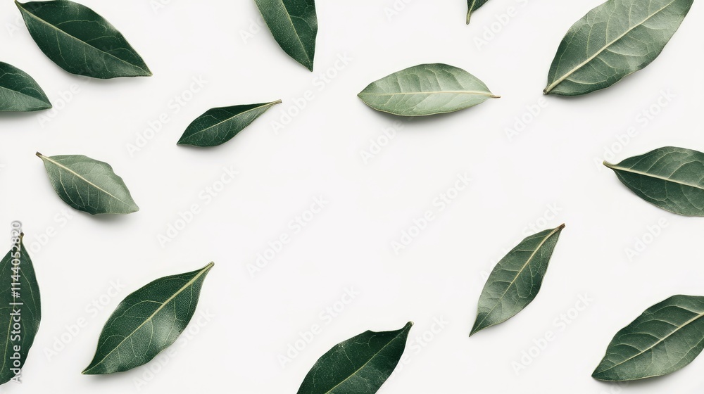 Aufkleber fresh bay leaves arranged on a light backdrop showcasing their vibrant green color and unique textur