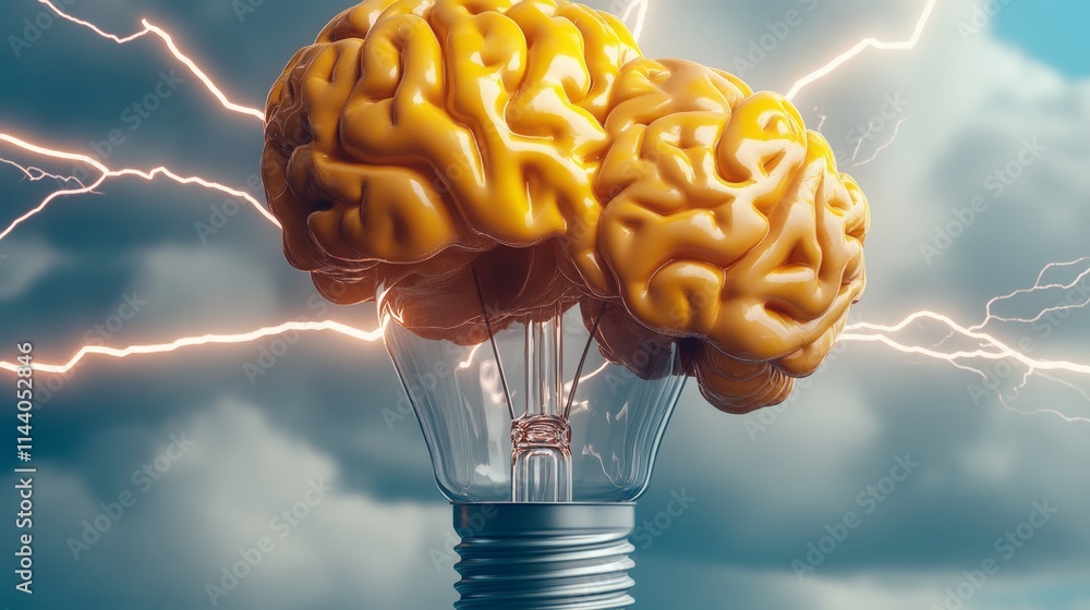 Poster a brain is inside a light bulb. the bulb is lit up and the brain is yellow. concept of intelligence 