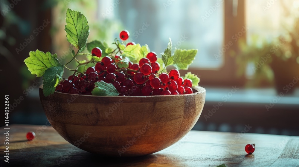 Aufkleber fresh red currants in a rustic wooden bowl with green leaves illuminated by soft natural light in a 