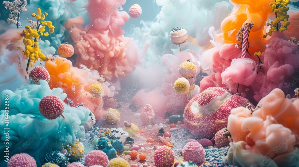 Poster abstract colorful clouds and spheres creating a dreamlike scene