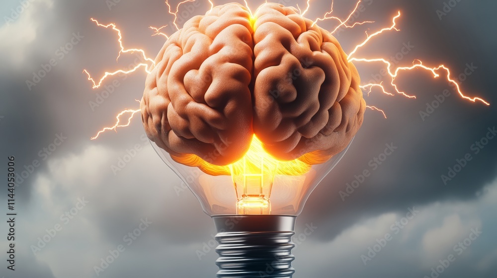 Aufkleber a brain is lit up like a light bulb. the brain is surrounded by a cloud of electricity, giving it a 