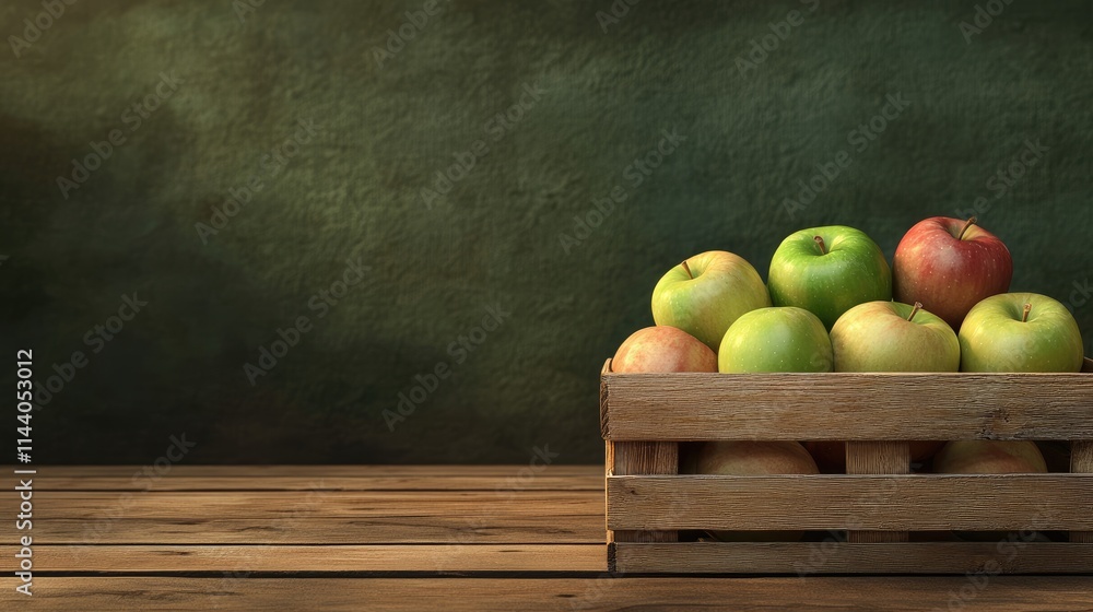 Poster wooden crate filled with assorted fresh apples on rustic wooden table against a green textured backg