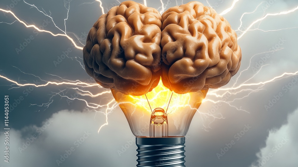 Poster a light bulb with two brains on top of it. the light bulb is lit up and the brains are glowing. conc