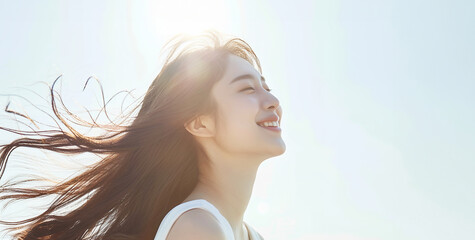 美しいロングヘアがなびくアジア人女性　AI生成画像