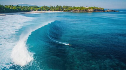 Dynamic Surfer Riding Majestic Waves in Crystal Clear Ocean with Tropical Paradise Background