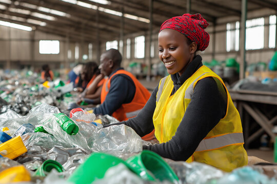 Busy recycling depot filled with dedicated individuals sorting materials. Generative AI