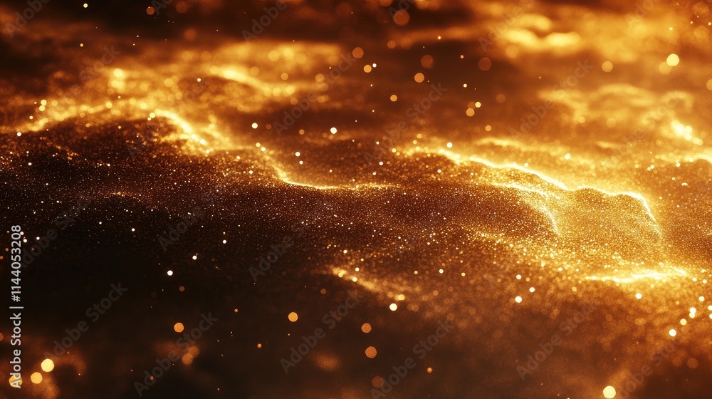 Poster golden sparkles and glitter lights create a festive abstract background with defocused circles and s