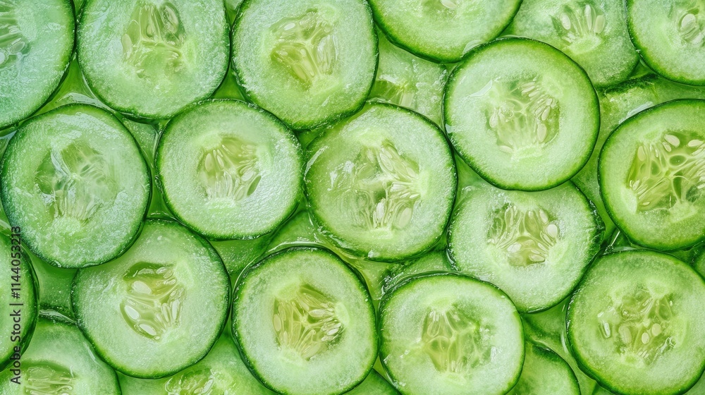 Poster sliced cucumbers arranged on a surface showcasing their freshness ideal for healthy eating and culin